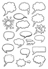 A diverse collection of hand-drawn black and white comic book speech bubbles, thought clouds, and action bursts.