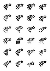 A diverse collection of black and white graphic icons representing shooting stars and comets in various styles.