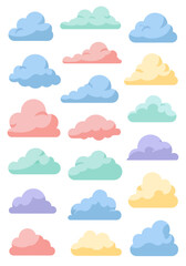 Collection of colorful cartoon clouds in various pastel shades.