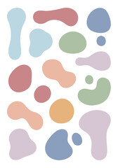 An abstract collection of organic, fluid blob shapes in a muted pastel color palette on a white background.