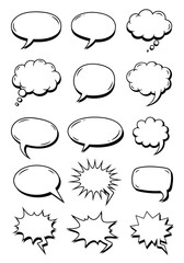 A collection of various hand-drawn comic book style speech bubbles, thought clouds, and exclamation balloons.