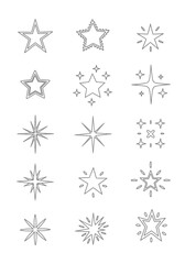 Collection of various outlined star shapes and sparkling starbursts, presented in a clean, graphic style.