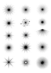 A collection of diverse starburst graphic elements, each with radiating lines and varying degrees of sharpness and density, presented on a clean white background.
