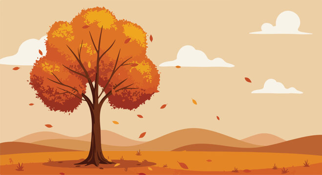 Autumnal tree losing leaves in illustration, with hills and sky as background