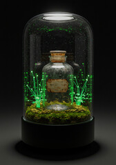 A vintage glass bottle sits inside a modern bell jar terrarium with glowing digital plants and moss, blending old and new