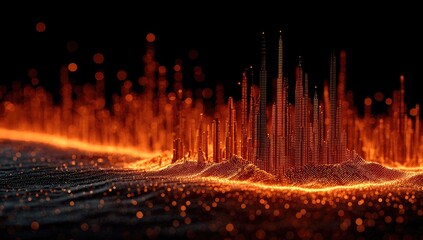 Abstract city rising from fiery landscape