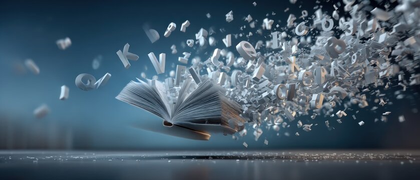Open book with flying letters
