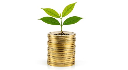 A single, healthy green plant growing out of a neat stack of golden coins. 