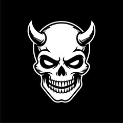A stark black and white illustration of a devilish skull with horns.