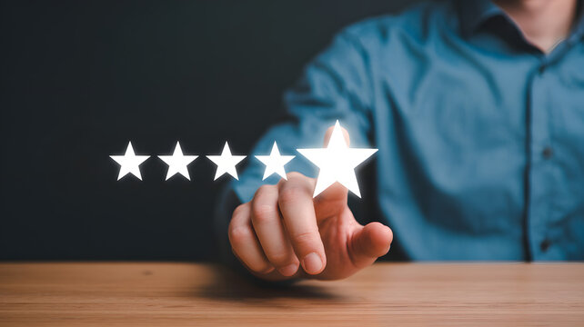 Customer giving a five-star rating experience by touching a glowing star icon