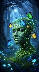 Fantasy Woman with Ivy Hair and Butterflies in Enchanted Forest –fantasy woman, Mystical Portrait 
