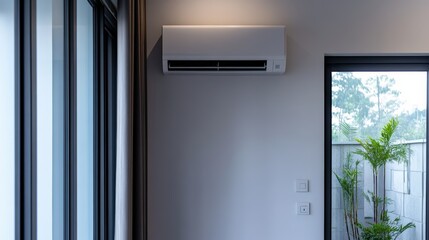 A modern interior featuring an air conditioning unit, large windows, and a potted plant, creating a sleek and comfortable living space.