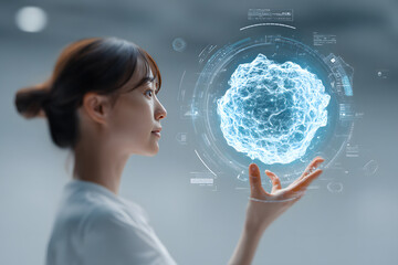 현대적인 사무실에서 홀로그램 구와 상호작용하는 아시아인 여성 전문가