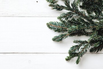 Fresh evergreen sprigs on white wood (1)