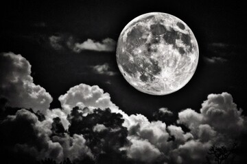 Full moon, dark clouds.  Vast night sky with a large, detailed full moon, contrasted by cumulus clouds
