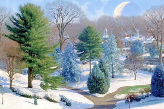 Winter landscape with snow-covered trees and buildings - Powered by Adobe