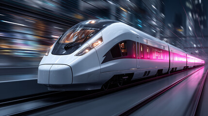 Fototapeta premium High-Speed Train Racing Through an Illuminated Cityscape at Night