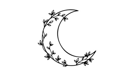 Botanical crescent moon vector art illustration with floral vine and leaves design for print and web use