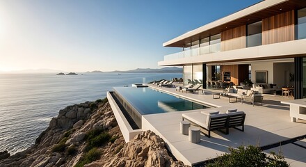 Fototapeta premium Oceanfront luxury villa with infinity pool perched atop rocky cliffs overlooking the sea