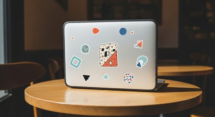 A laptop adorned with colorful stickers sits a round wooden table in a cafe, showcasing a blend of technology, art, and personal expression