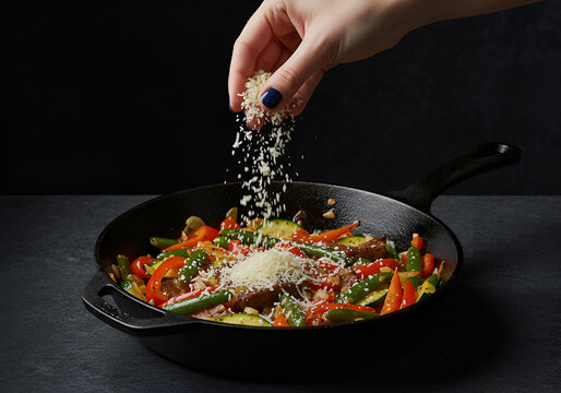 Hand sprinkling cheese over a skillet of vegetables