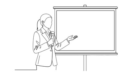 Woman presenting business presentation on whiteboard with microphone speaker vector illustration