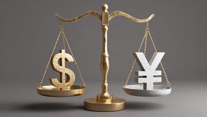 Golden Balance Scale with Dollar and Yen Symbols on Gray Background – Currency Exchange Concept