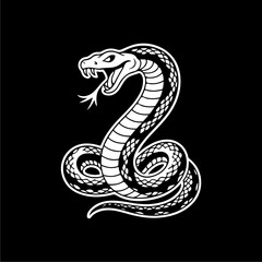 A stylized white snake with its mouth open, poised to strike, against a solid black background.