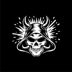 Skull with horns and a hood, radiating light against a dark background.