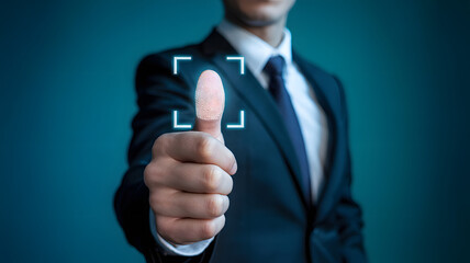 Digital fingerprint scan on businessman's thumb for security access and identity check
