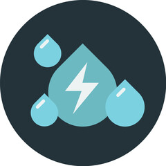 Graphic illustration featuring water droplets and a lightning bolt, symbolizing hydroelectric power within a dark circular frame.