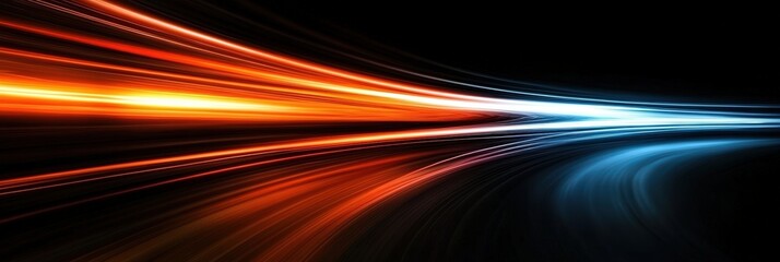A dynamic visual of vibrant light streaks in orange, blue, and white against a dark background, conveying a sense of speed and motion.