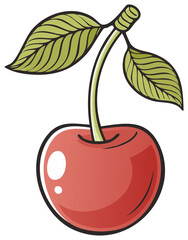 Cartoon illustration of a single red cherry with a green stem and leaves