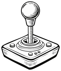 Detailed black and white illustration of a vintage arcade joystick with buttons, perfect for retro gaming themes