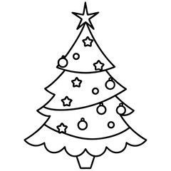 Outline Christmas Tree with Star, Ornaments, and Simple Black Line Details