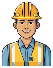 Construction Worker Wearing Yellow Hard Hat and Safety Vest Smiling Cartoon Illustration