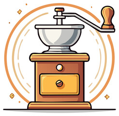 Stylized Manual Coffee Grinder Illustration with Handle and Drawer Inside Circular Frame