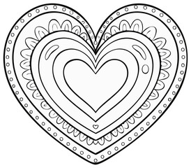 Hand drawn decorative heart illustration with doodle patterns. Black and white line art for a coloring page.
