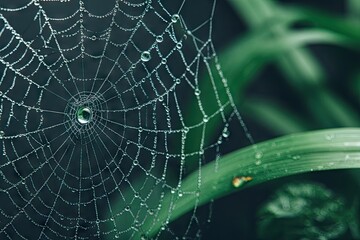 Obraz premium Dew-kissed spiderweb, intricate design