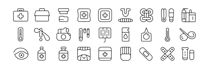 First Aid Kit icon pack – 30 black line medical icons on white for World First Aid Day