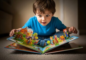 Young boy with a look of wonder reading a pop-up book