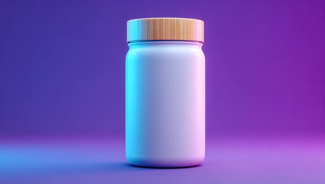 Blank white plastic jar, wooden lid, vibrant neon lighting