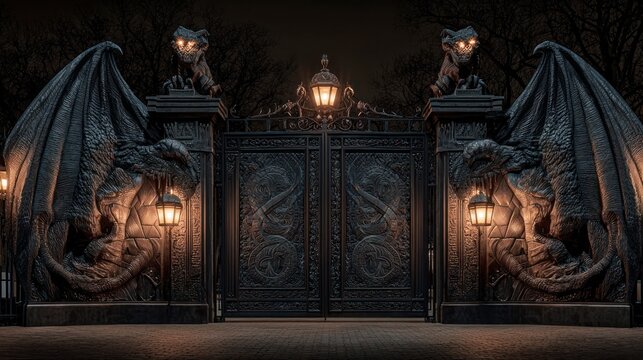 Ornate, Gothic gate flanked by gargoyles at night - Powered by Adobe