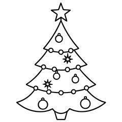 Outlined Christmas Tree Illustration with Star, Baubles, and Garland Decoration Elements