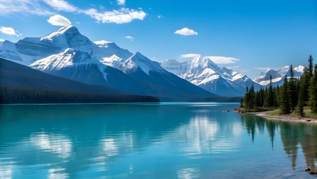 A serene turquoise alpine lake reflects a majestic range of snow-capped mountains under a clear blue sky. - Powered by Adobe
