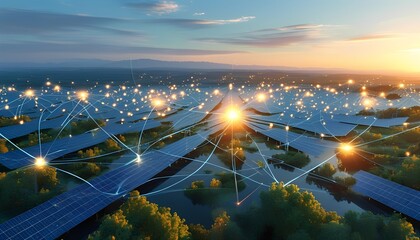 Expansive aerial view of a futuristic solar farm at sunset showcasing rows of photovoltaic panels and glowing lights symbolizing renewable energy and sustainable technology