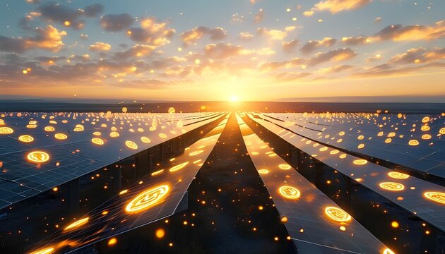 Futuristic illuminated road leading to a bright sunset with glowing digital currency symbols scattered across the landscape symbolizing financial growth and technological advancement - Powered by Adobe