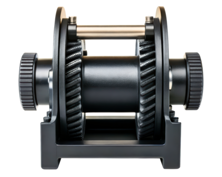 Black dual worm gear reduction mechanism for machinery on a transparent background