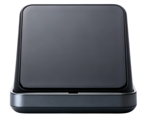 Black charging dock and stand for a mobile electronic device on a transparent background
