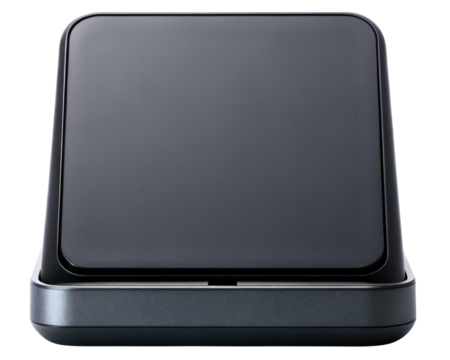 Black charging dock and stand for a mobile electronic device on a transparent background